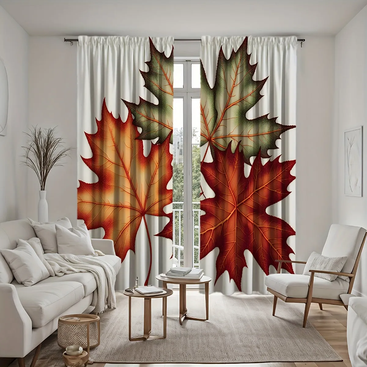 Autumn Maple Leaf Print Decorative Window Panels, Set of 2, Contemporary Style, Machine Washable, Twill Weave, All-Season, Semi-Sheer Flannel Polyester, Rod Pocket Drapes for Bedroom and Living Room