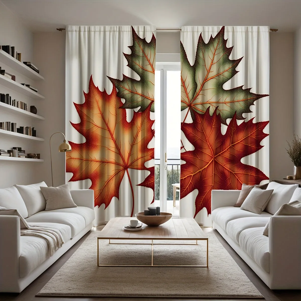 Autumn Maple Leaf Print Decorative Window Panels, Set of 2, Contemporary Style, Machine Washable, Twill Weave, All-Season, Semi-Sheer Flannel Polyester, Rod Pocket Drapes for Bedroom and Living Room