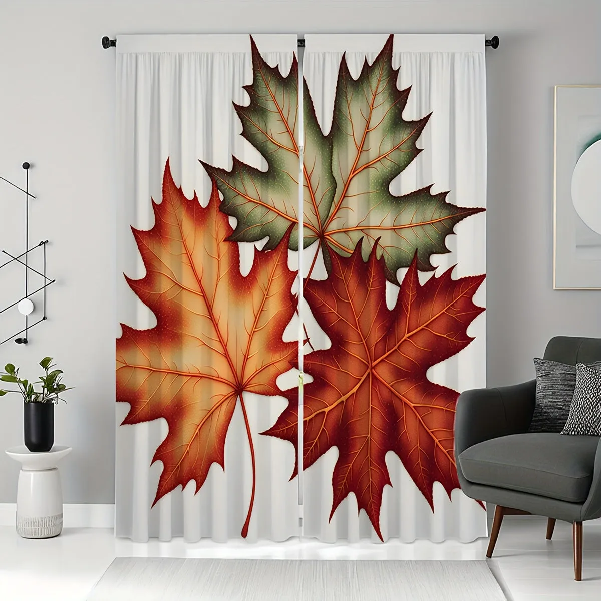 Autumn Maple Leaf Print Decorative Window Panels, Set of 2, Contemporary Style, Machine Washable, Twill Weave, All-Season, Semi-Sheer Flannel Polyester, Rod Pocket Drapes for Bedroom and Living Room