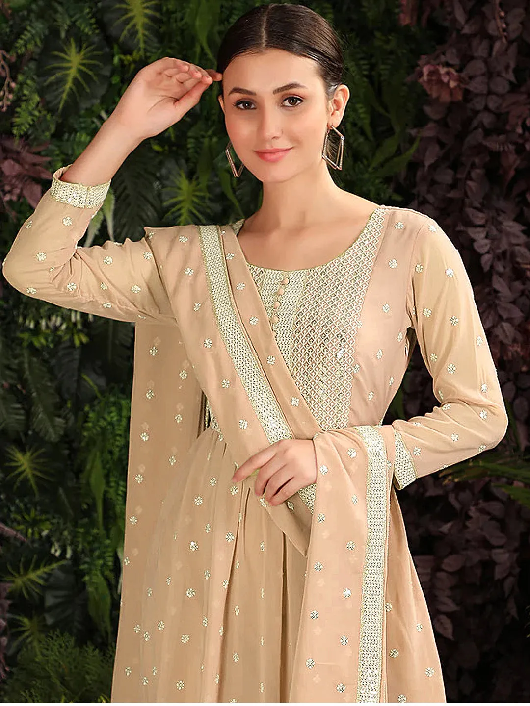 Beige Designer Readymade Pakistani Palazzo Suit With Embroidery Sequins Work