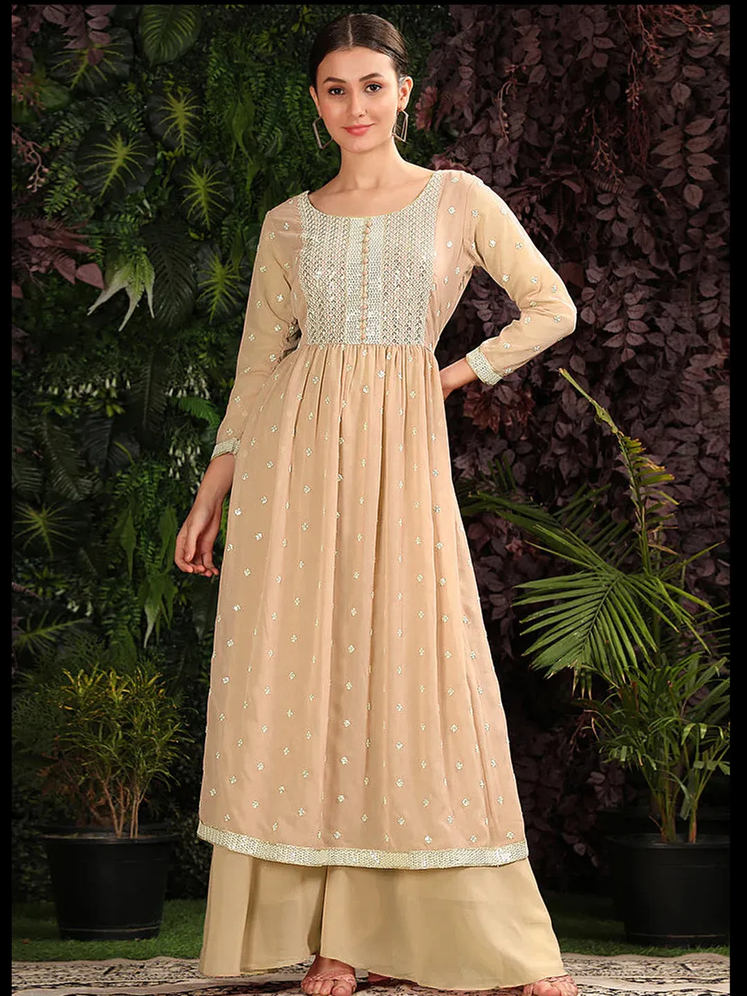 Beige Designer Readymade Pakistani Palazzo Suit With Embroidery Sequins Work