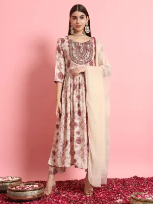 Beige Premium Designer Readymade Pant Suit With Embroidery Work