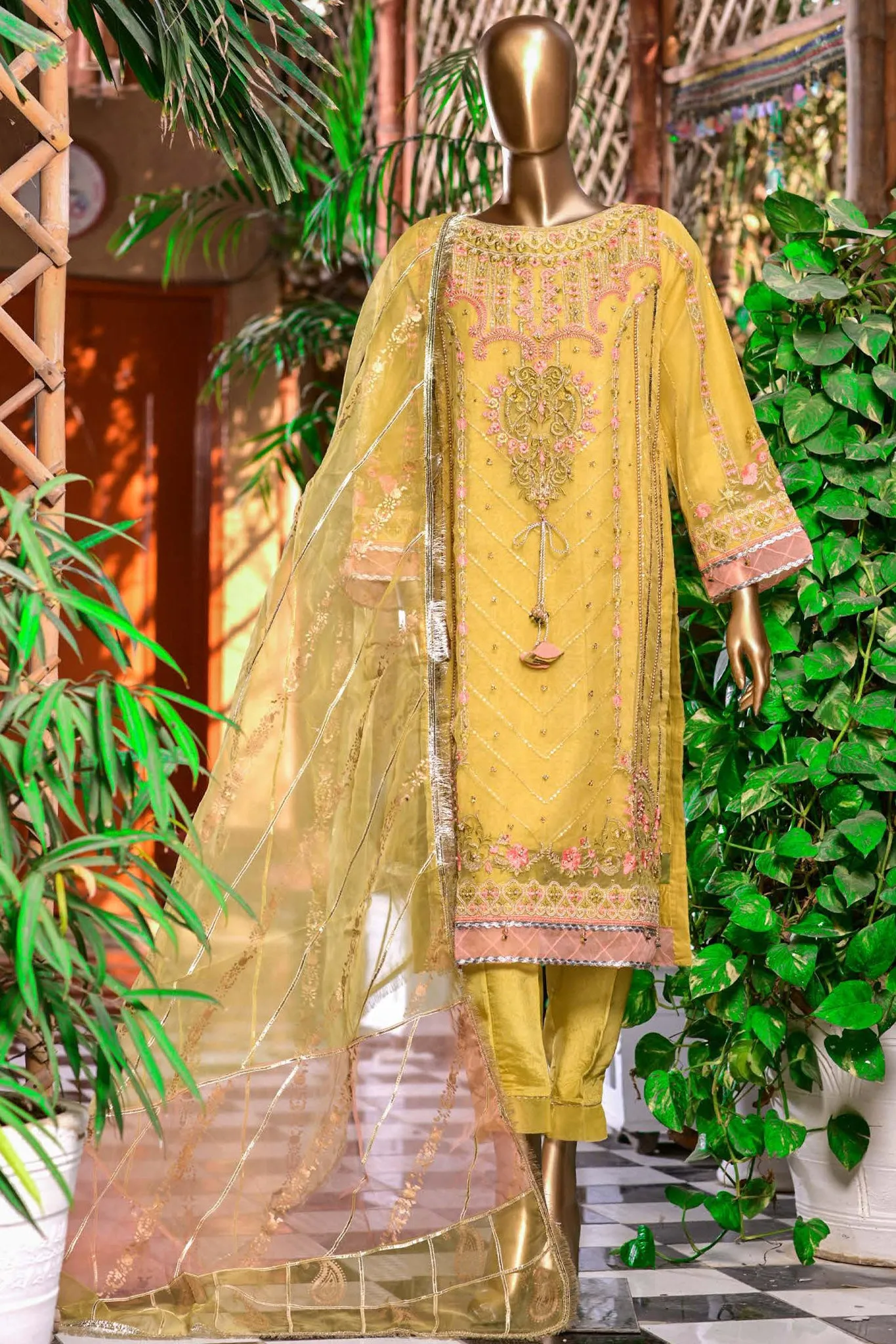 Bin Saeed Stitched 3 Piece Embroidered Organza Collection'2022 MSD-17-Yellow