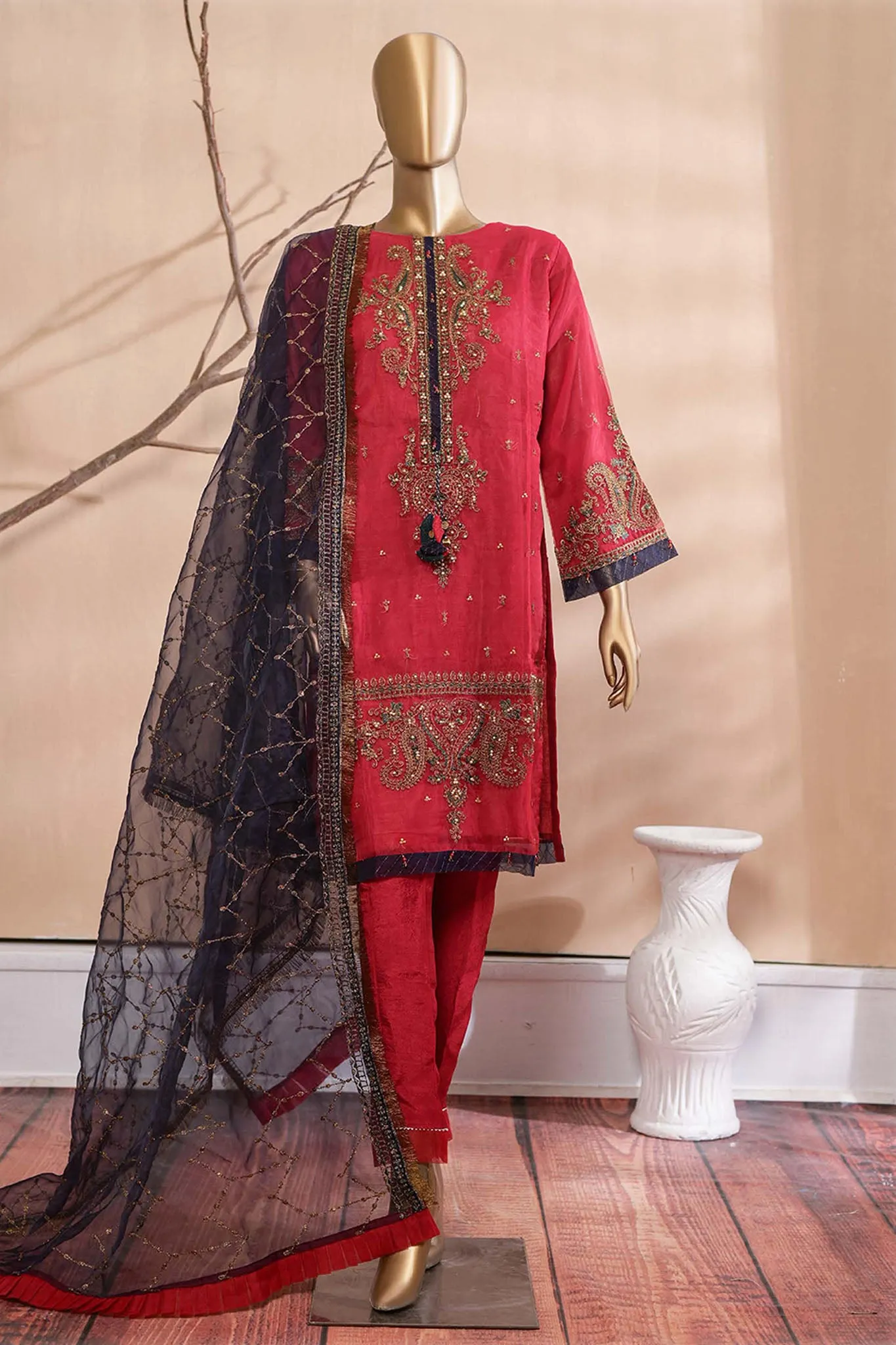 Bin Saeed Stitched 3 Piece Embroidered Organza Collection'2022-MSD-19-Maroon