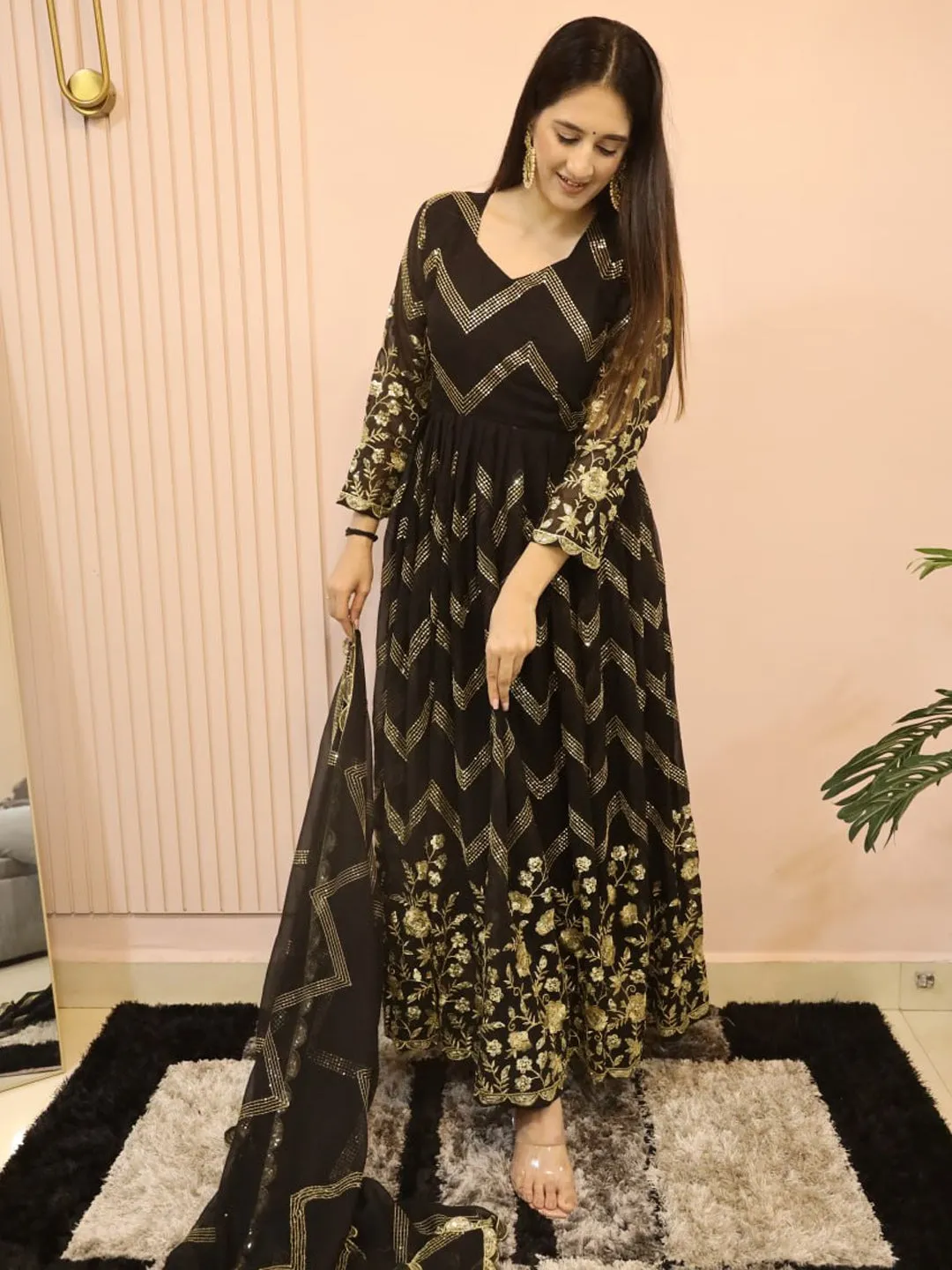 Black Designer Readymade Gown With Dupatta In Embroidery Work