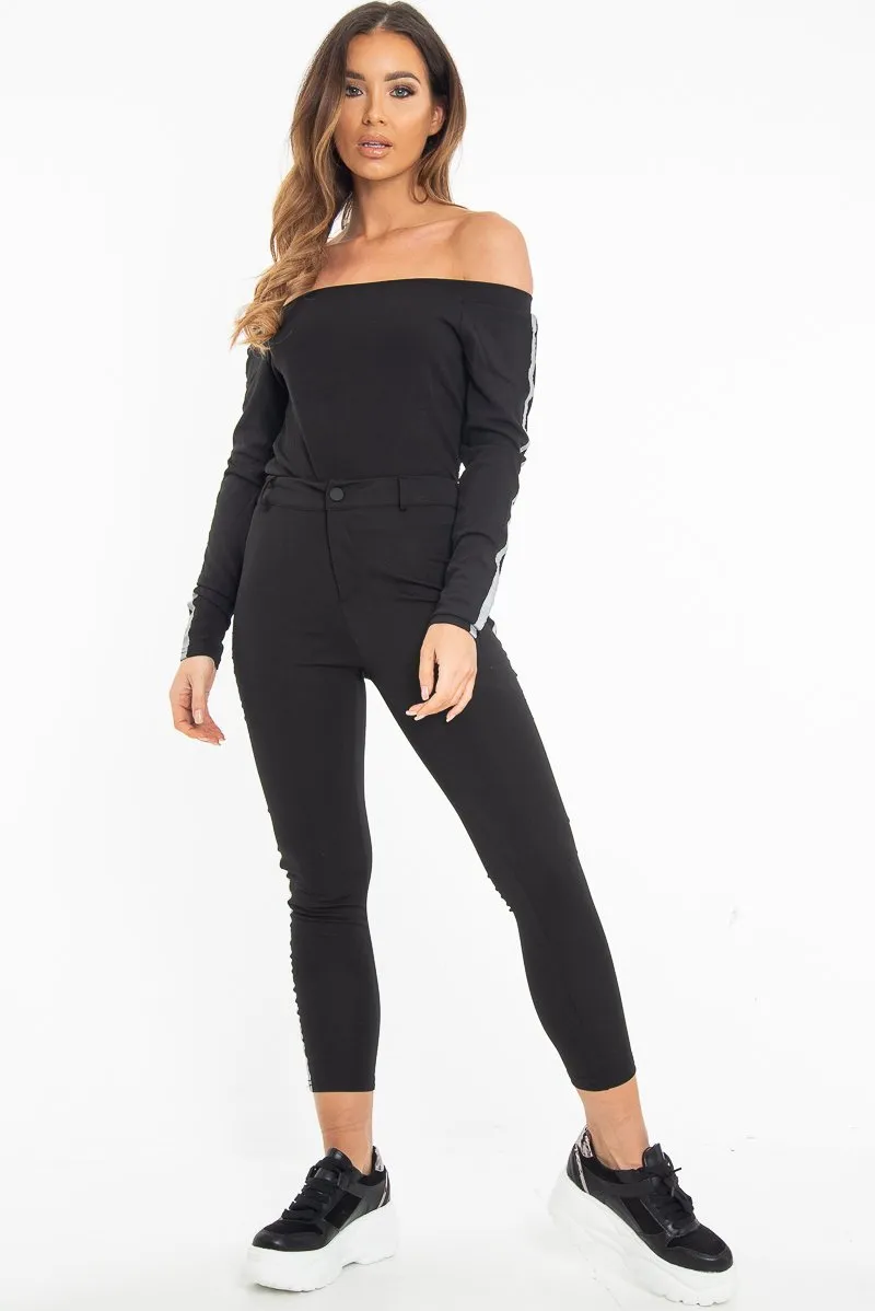 Black Reflective Stripe Side Cigarette Trousers - Nicky