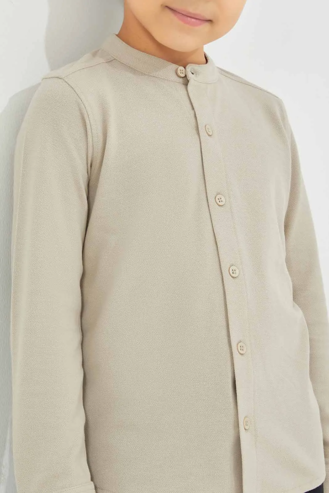 Boys Beige Mandarin Pique Shirt