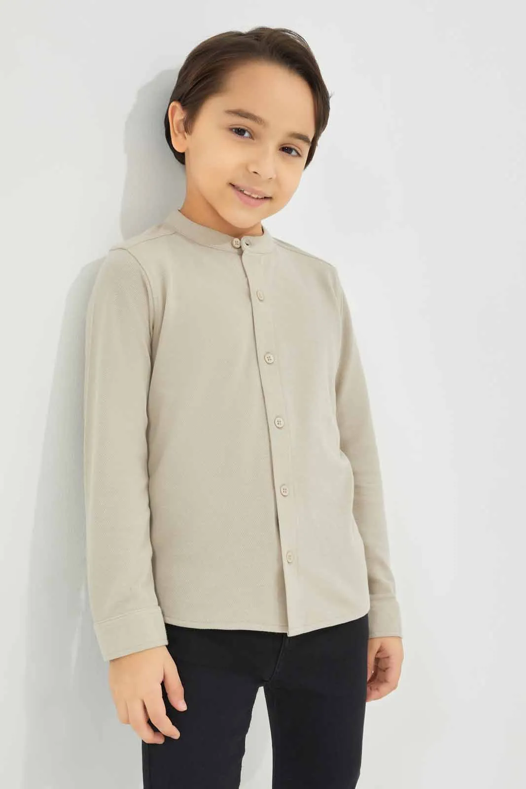 Boys Beige Mandarin Pique Shirt