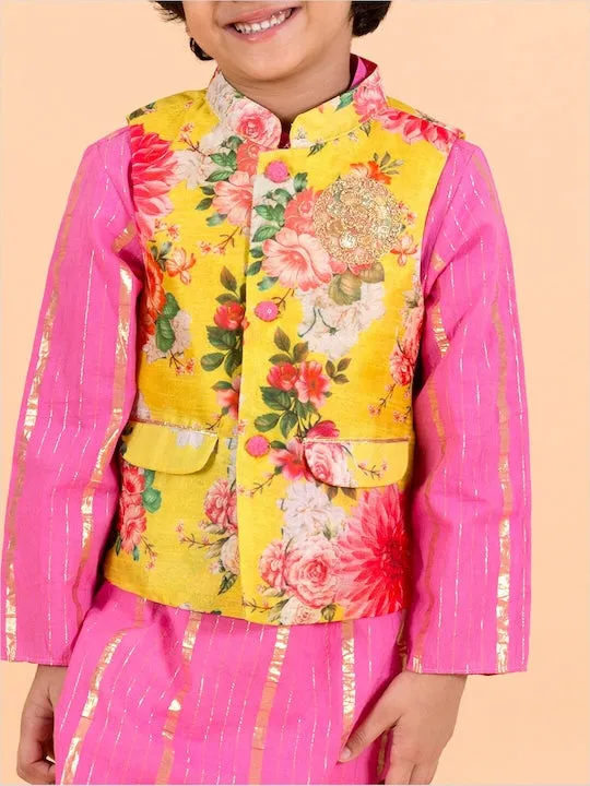 Boys  Pink Floral Embroidered Kurti With Trousers - Ps Peaches