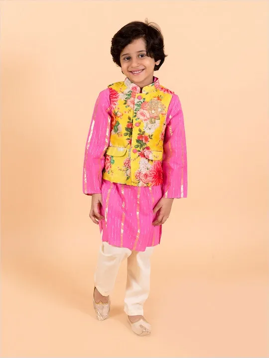 Boys  Pink Floral Embroidered Kurti With Trousers - Ps Peaches