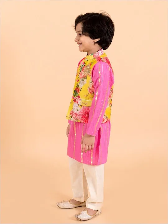 Boys  Pink Floral Embroidered Kurti With Trousers - Ps Peaches