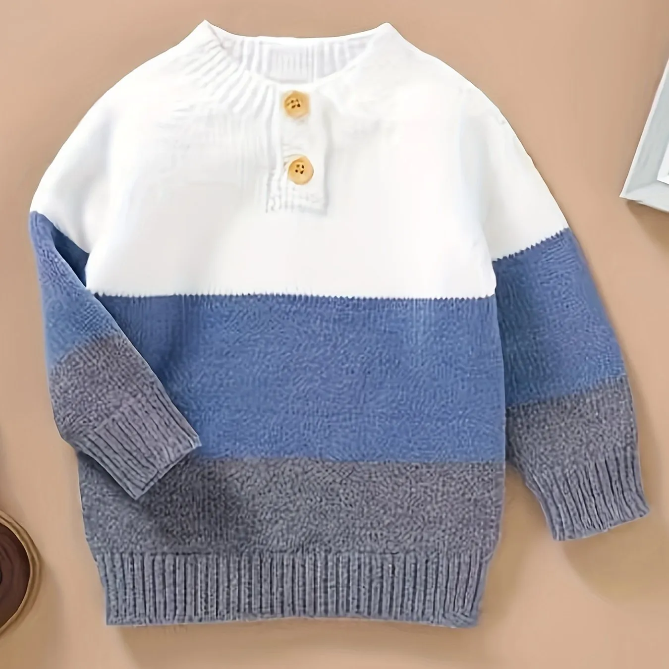 Boys Striped Knit Sweater, Mandarin Collar, Button Detail, Long Sleeve, Fall/Winter Wear