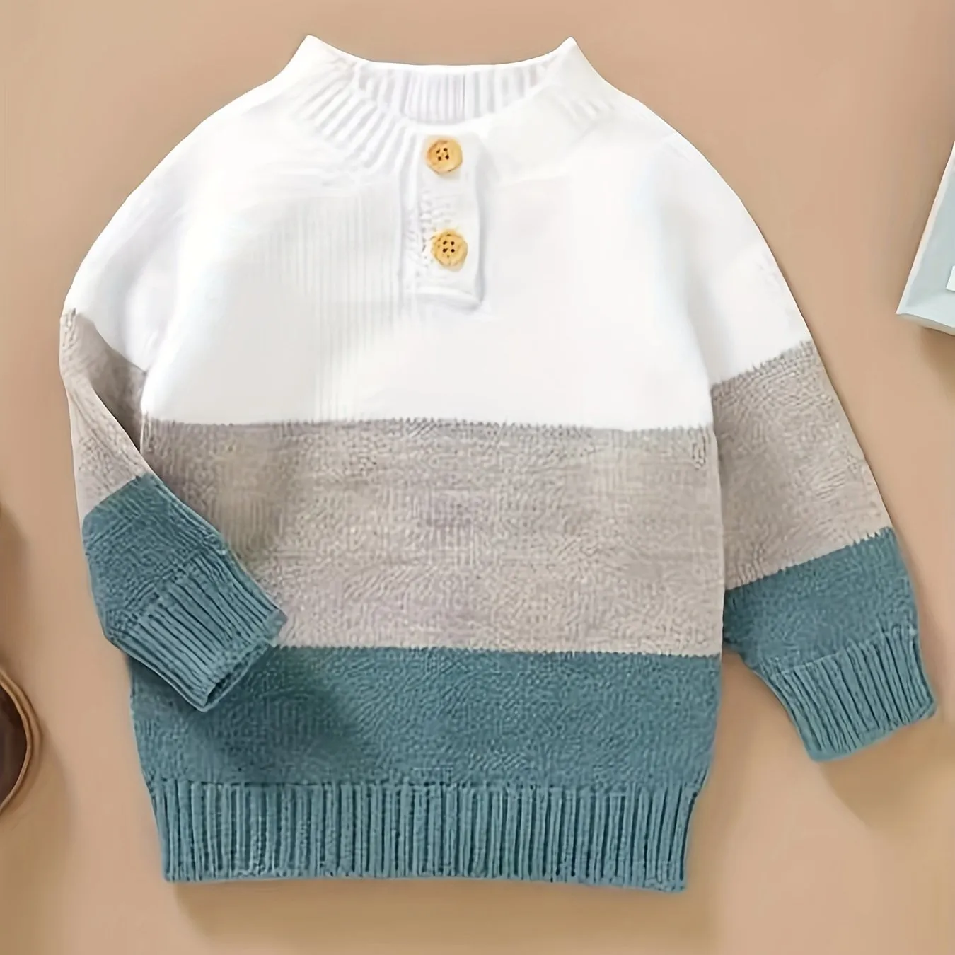 Boys Striped Knit Sweater, Mandarin Collar, Button Detail, Long Sleeve, Fall/Winter Wear