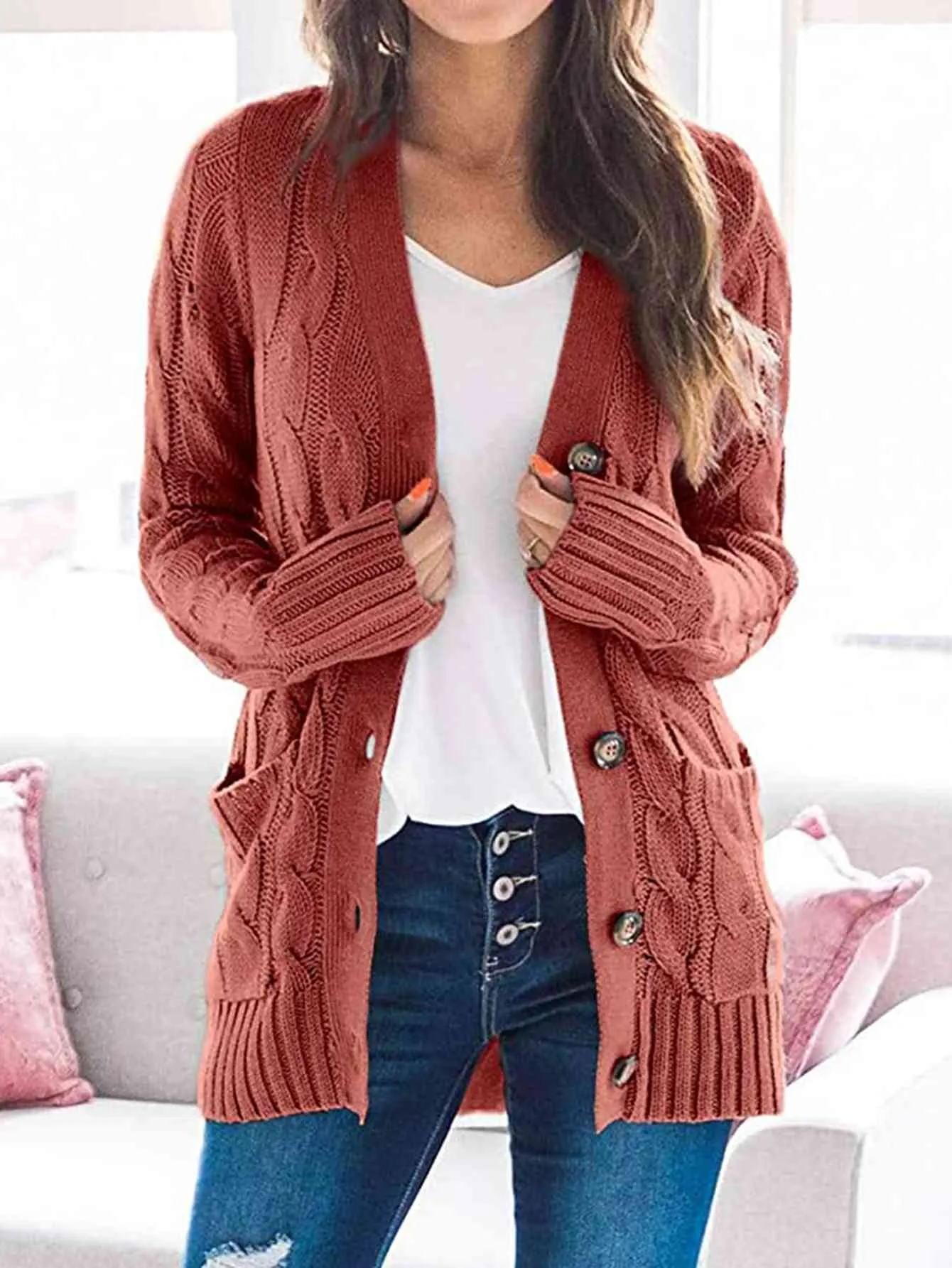 Cable-Knit Buttoned Cardigan with Pockets