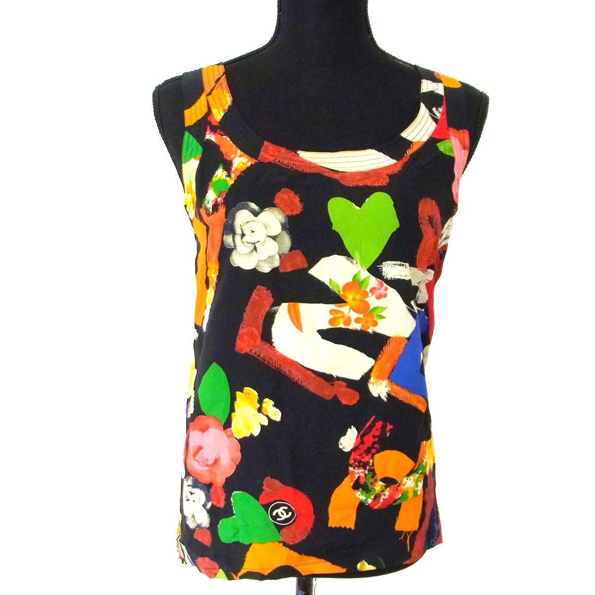 CHANEL CC Sleeveless Tops Black 100% Silk #36 Y02277g