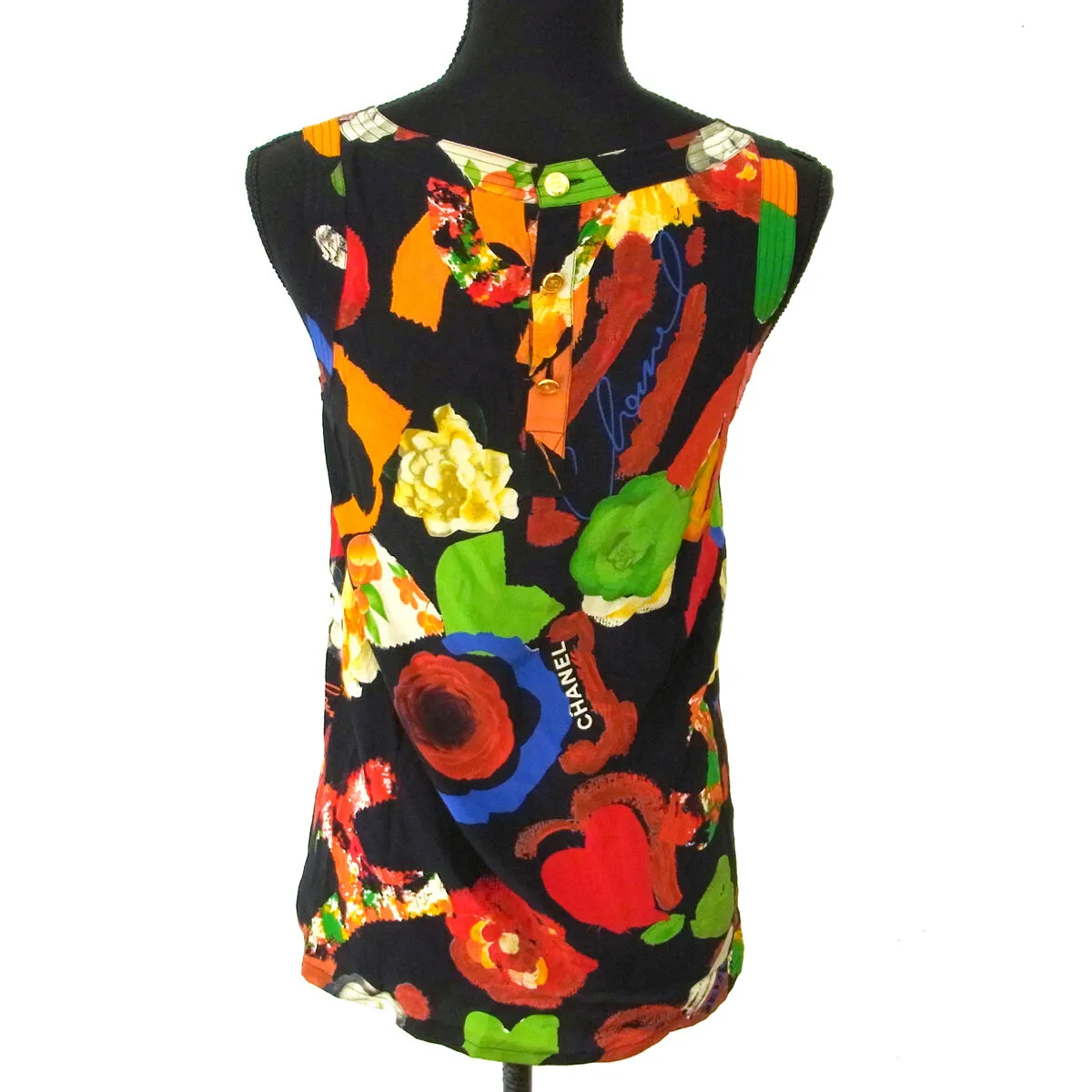 CHANEL CC Sleeveless Tops Black 100% Silk #36 Y02277g