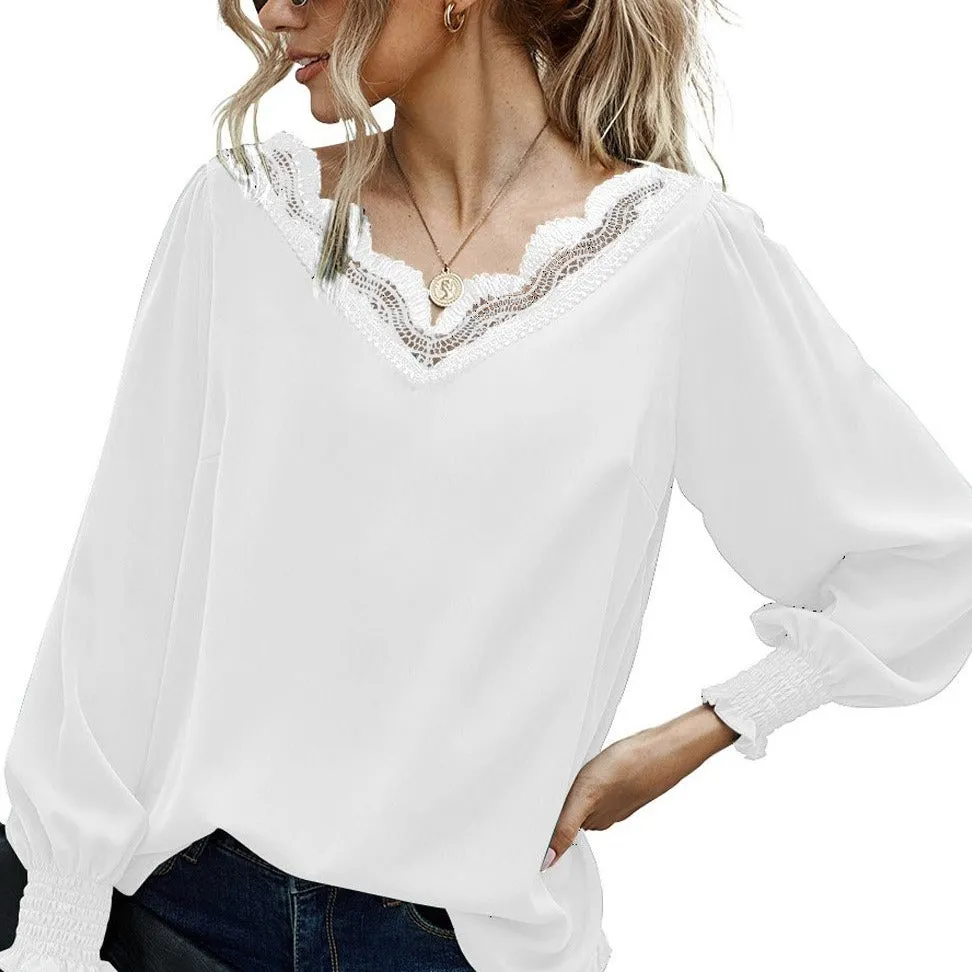 Chic Long Sleeve V Neck Lace Patchwork White Blouse