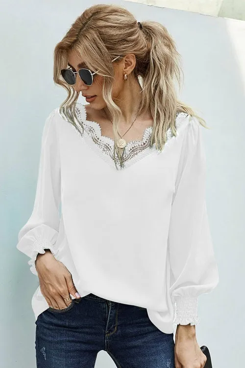 Chic Long Sleeve V Neck Lace Patchwork White Blouse