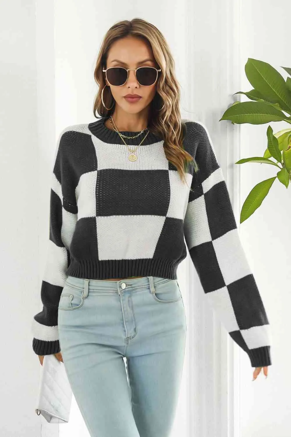 Color Block Round Neck Dropped Shoulder Sweater