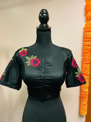 DKF127-Half Backless designer blouse with embroidery on back, neck, and sleeves. Can be altered upto size 42