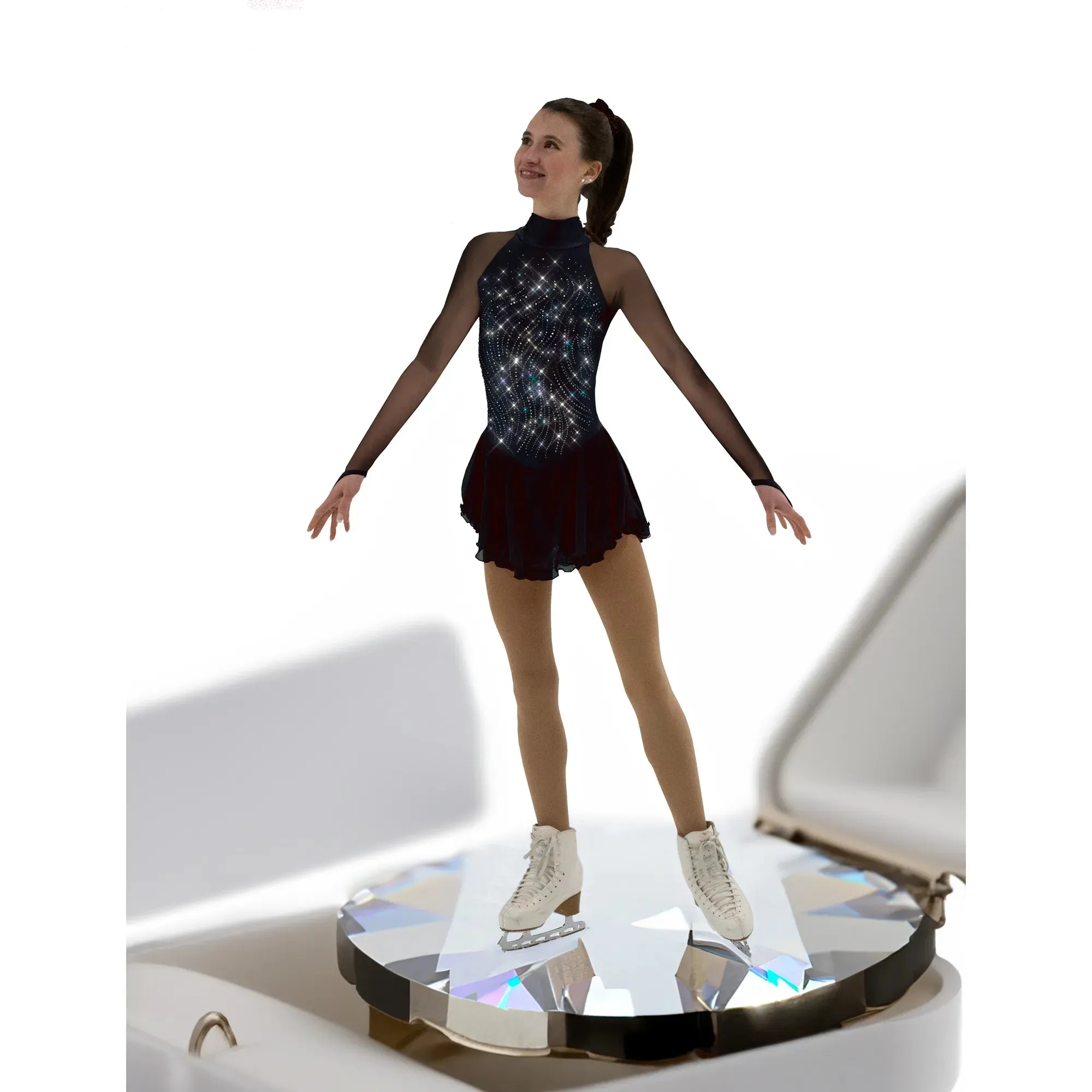 F22009Q Competition Figure Skating Classic High Neck Dress FANCY CRYSTALS