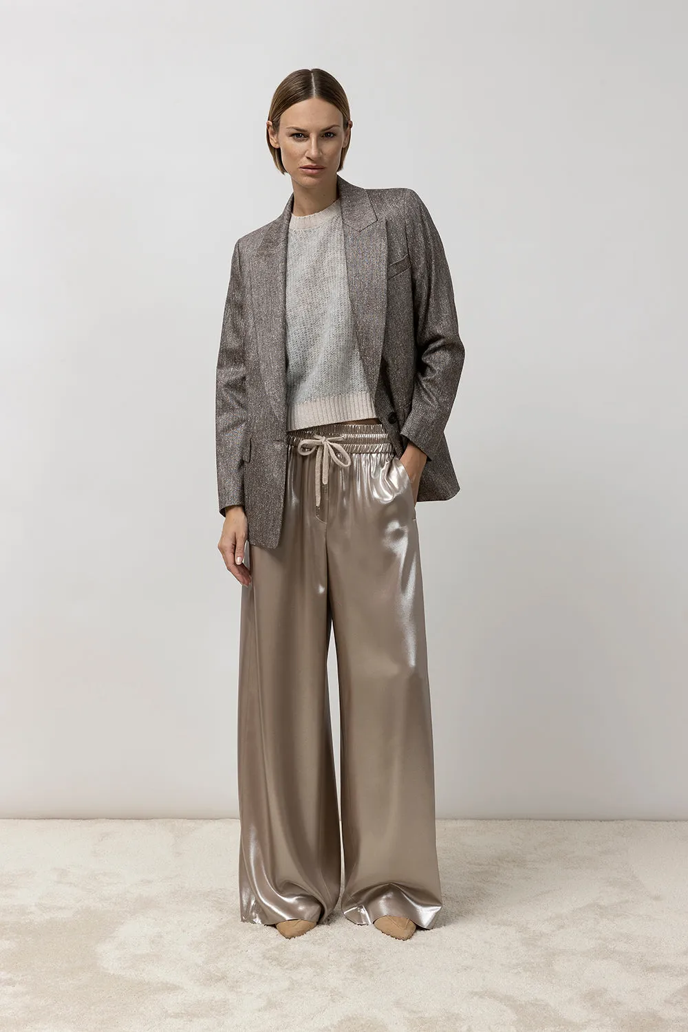 Fluid silver laminated twill trouser