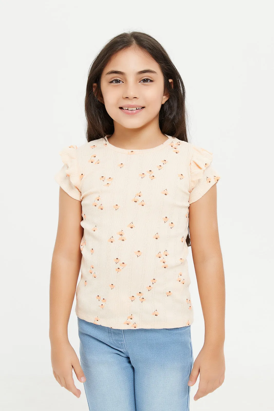 Girls Beige Printed T-Shirt