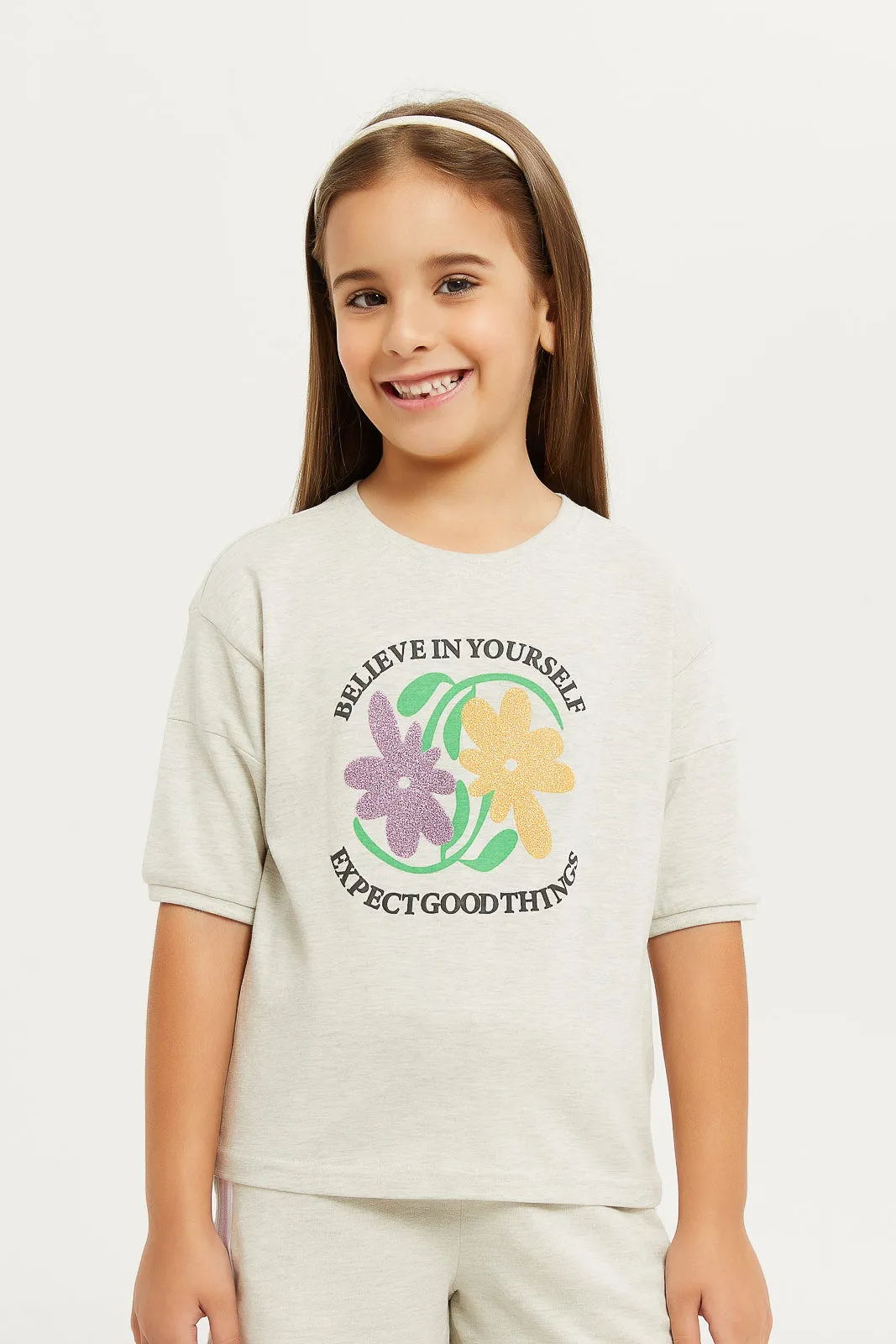 Girls Ecru Printed Lounge T-Shirt