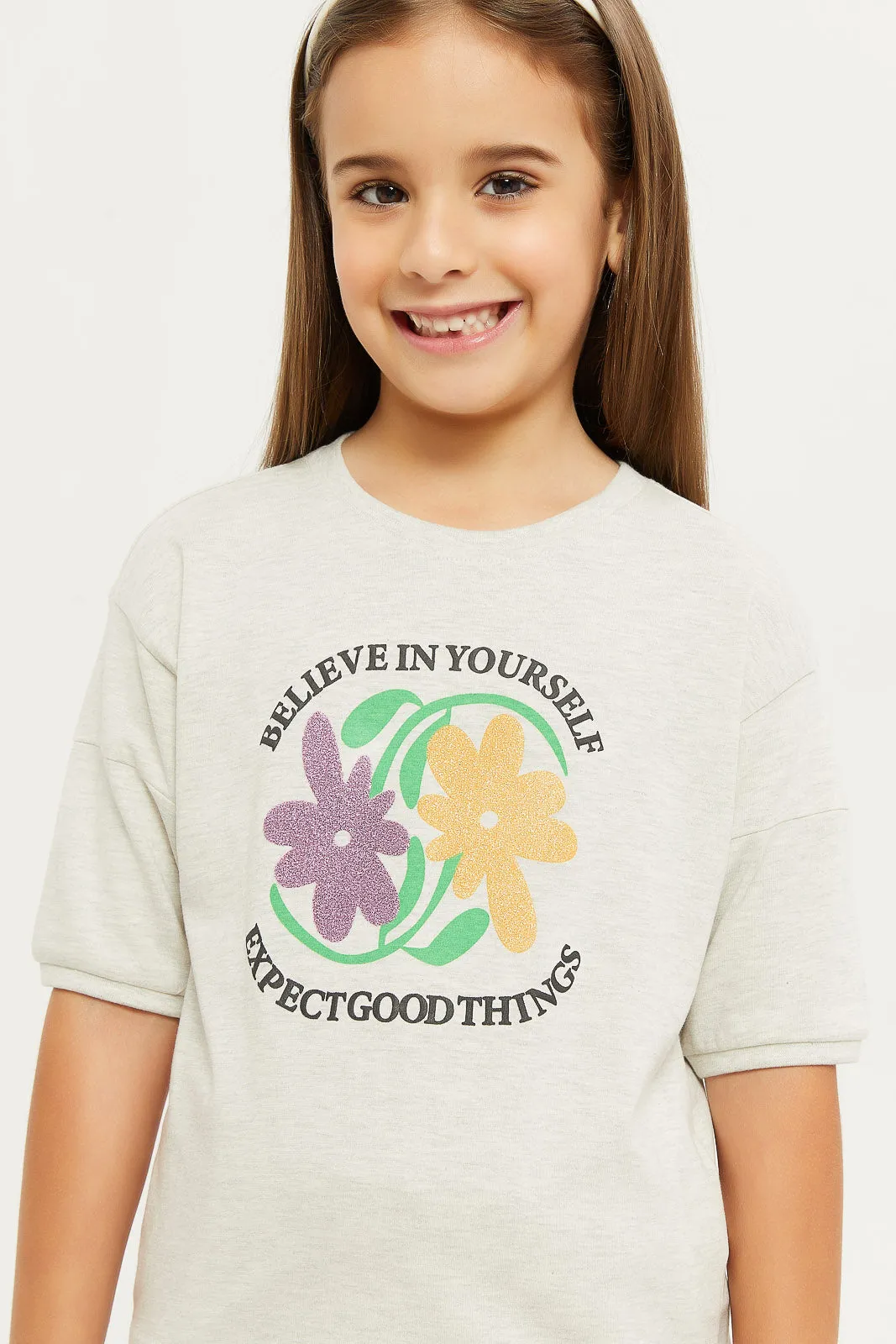 Girls Ecru Printed Lounge T-Shirt