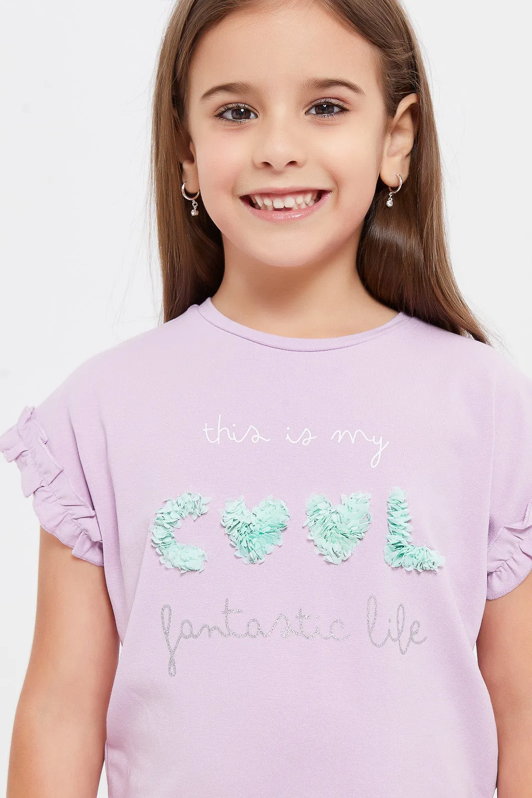 Girls Lilac T-Shirt With Applique Works