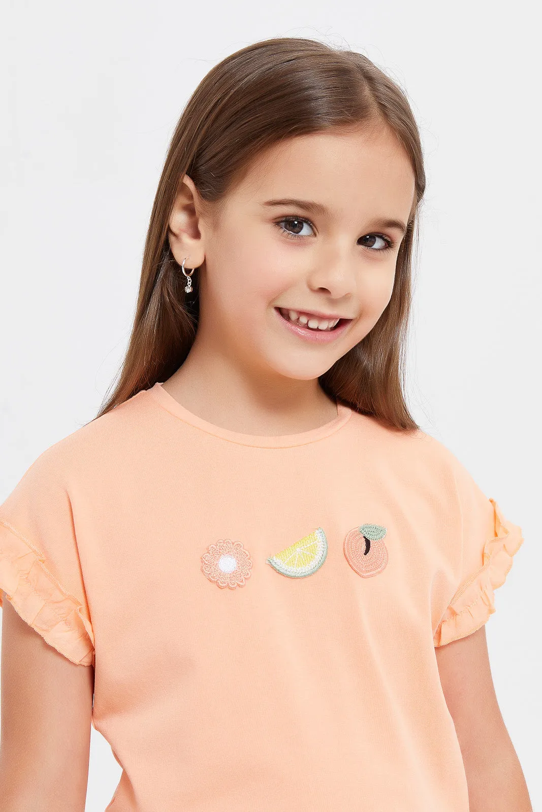 Girls Orange T-Shirt With Applique Works