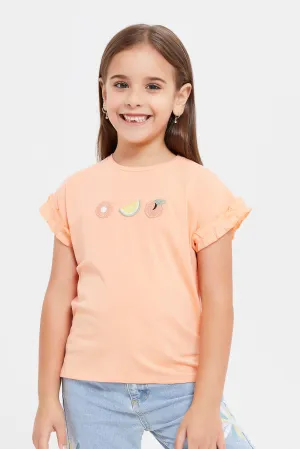 Girls Orange T-Shirt With Applique Works