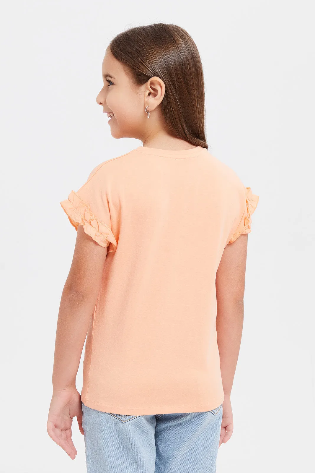 Girls Orange T-Shirt With Applique Works