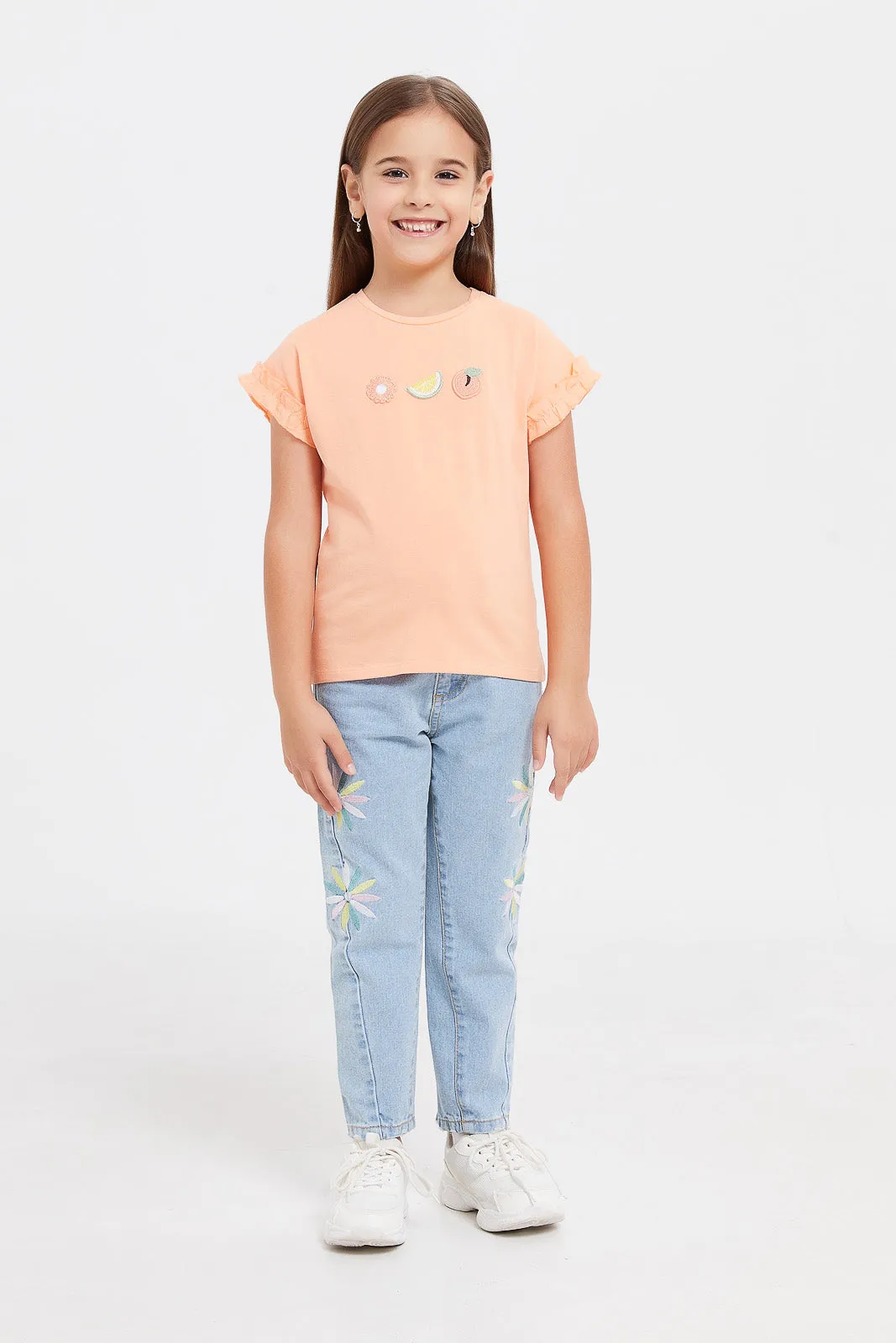 Girls Orange T-Shirt With Applique Works