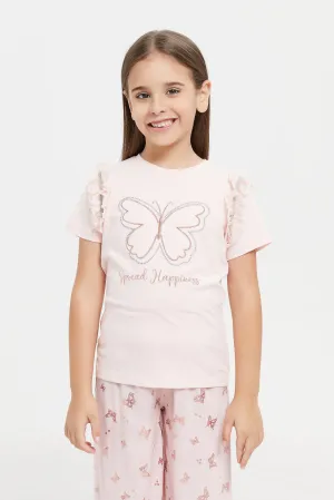 Girls Pink Butterfly Embellished T-Shirt