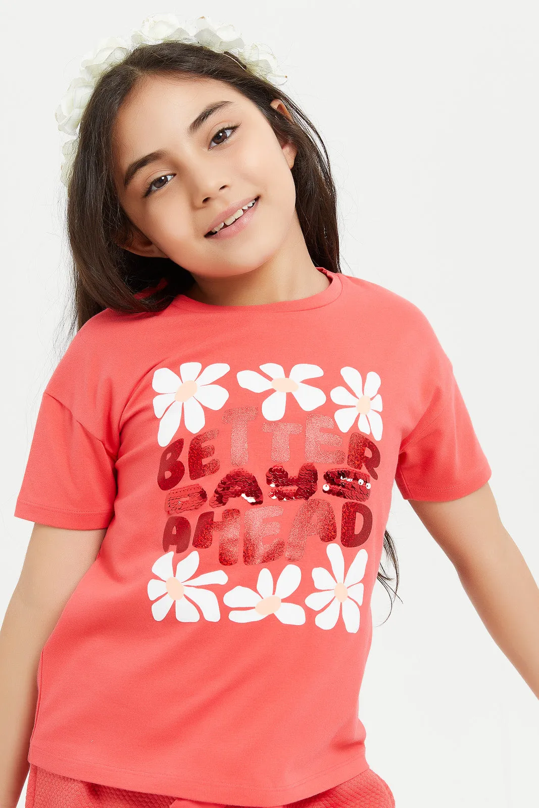 Girls Red Flowers Sequins T-Shirt