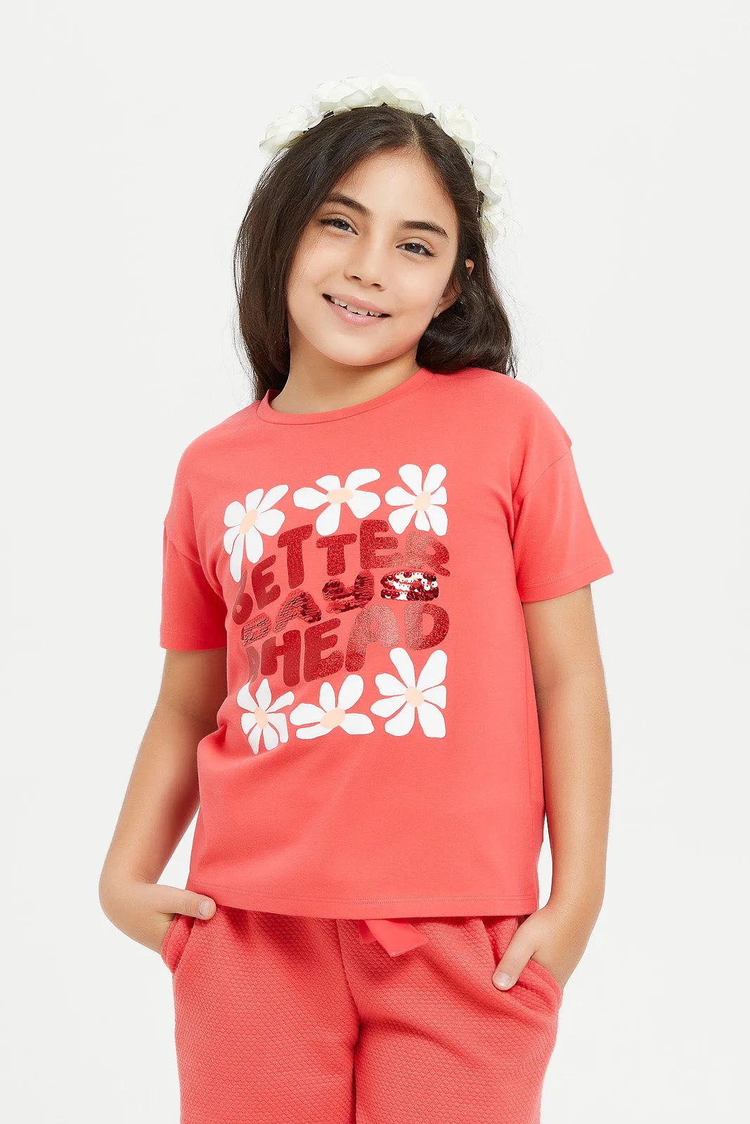 Girls Red Flowers Sequins T-Shirt