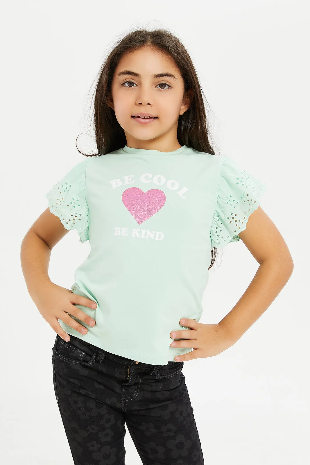 Girls Teal Embellished T-Shirt