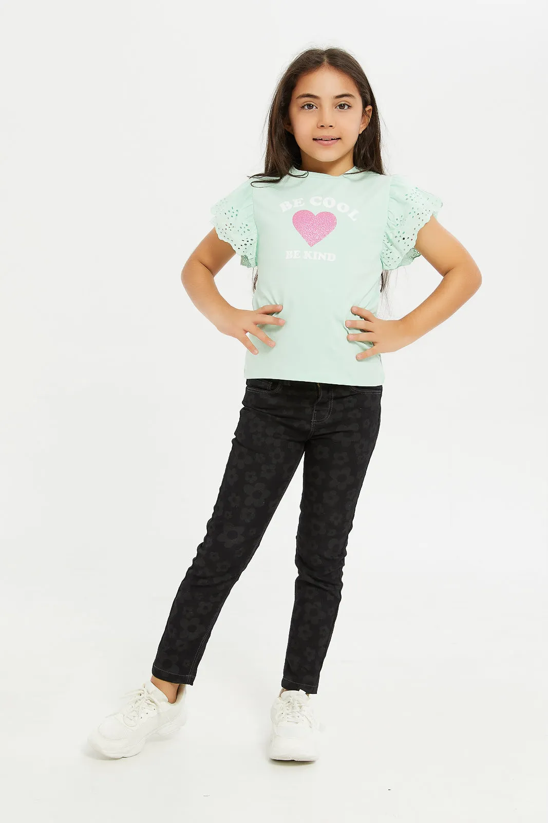 Girls Teal Embellished T-Shirt