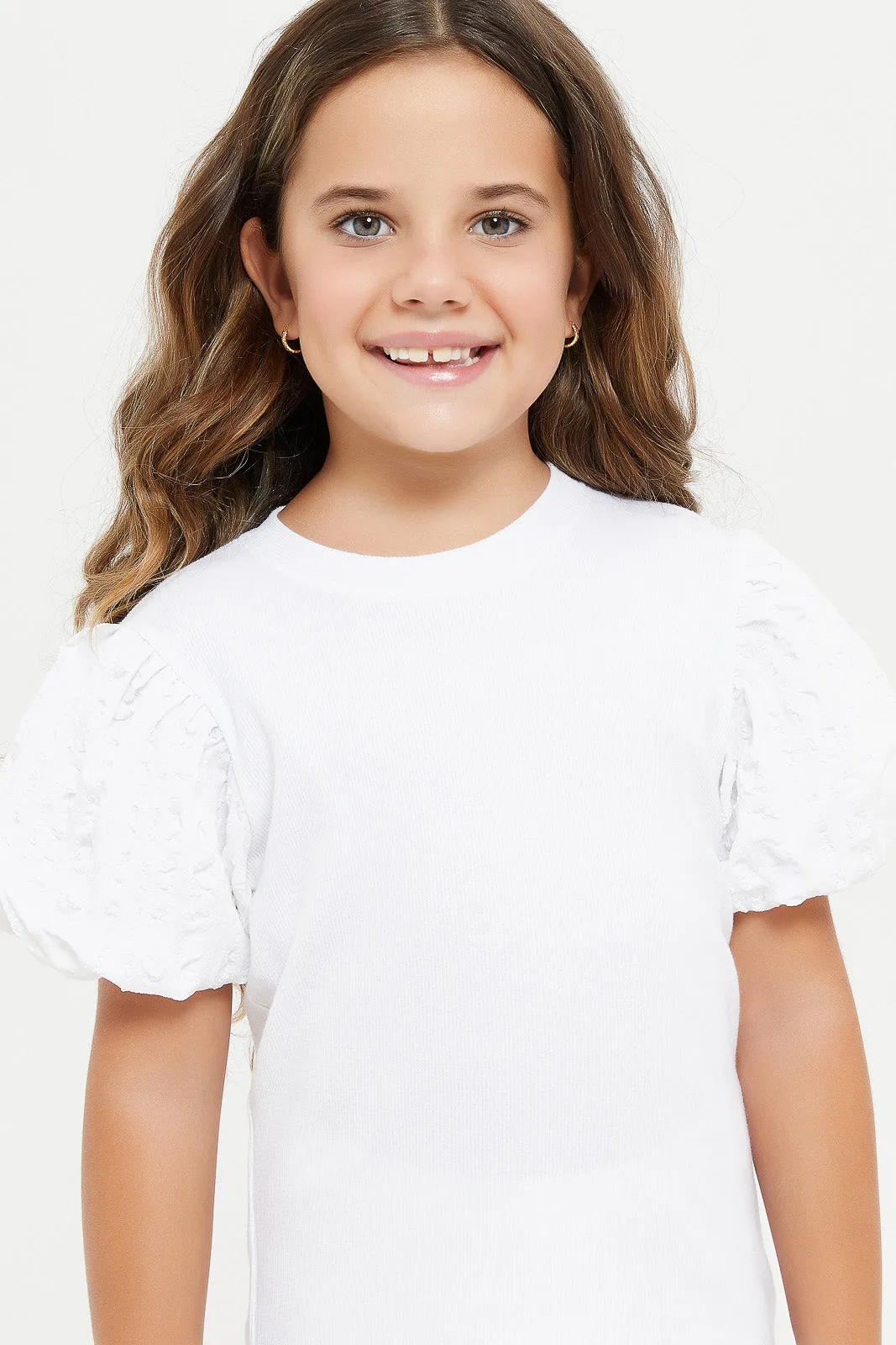 Girls White Ribbed T-Shirt With Jacquard Sleeves