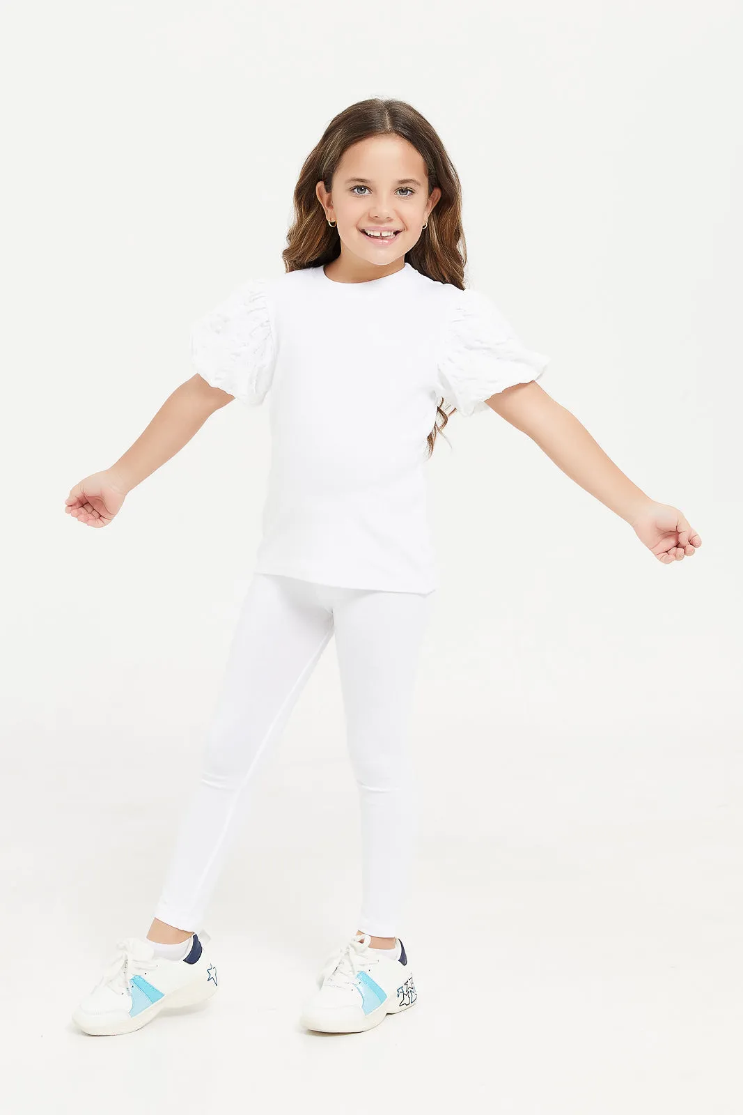 Girls White Ribbed T-Shirt With Jacquard Sleeves