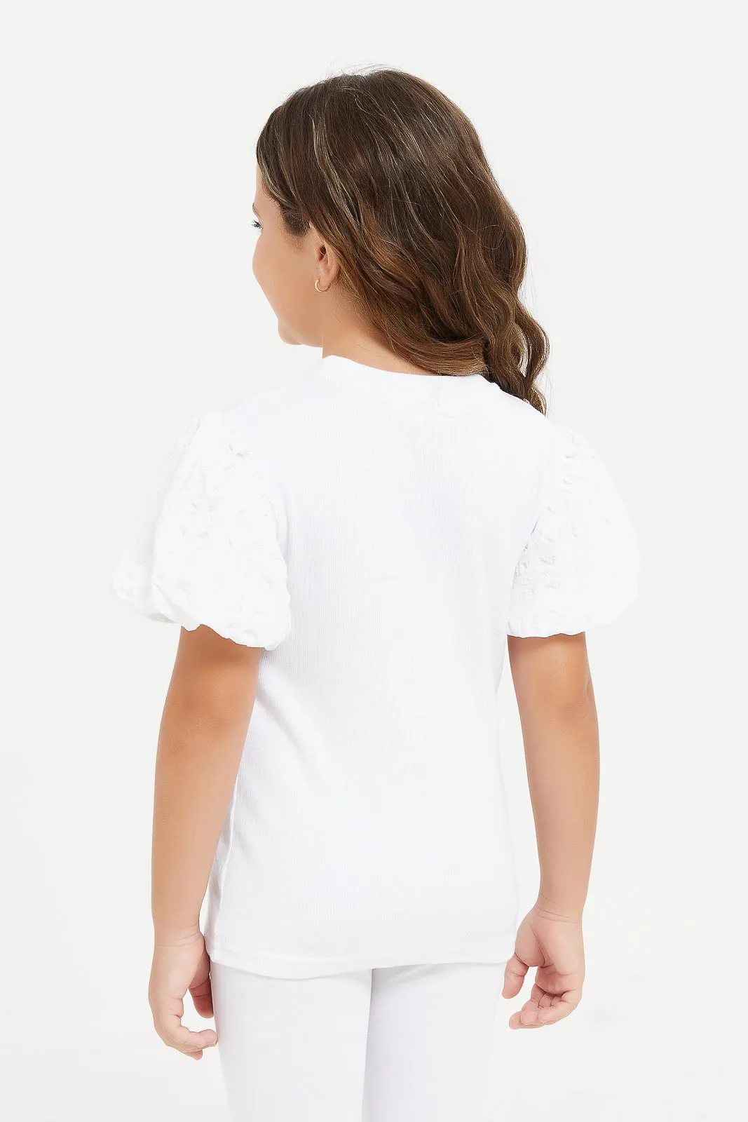 Girls White Ribbed T-Shirt With Jacquard Sleeves