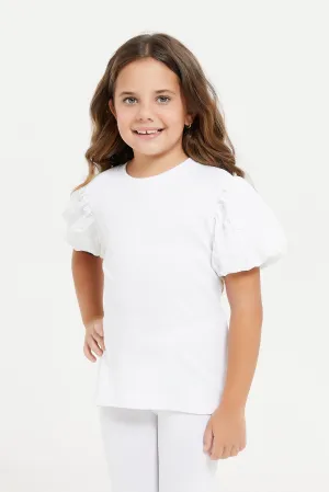 Girls White Ribbed T-Shirt With Jacquard Sleeves