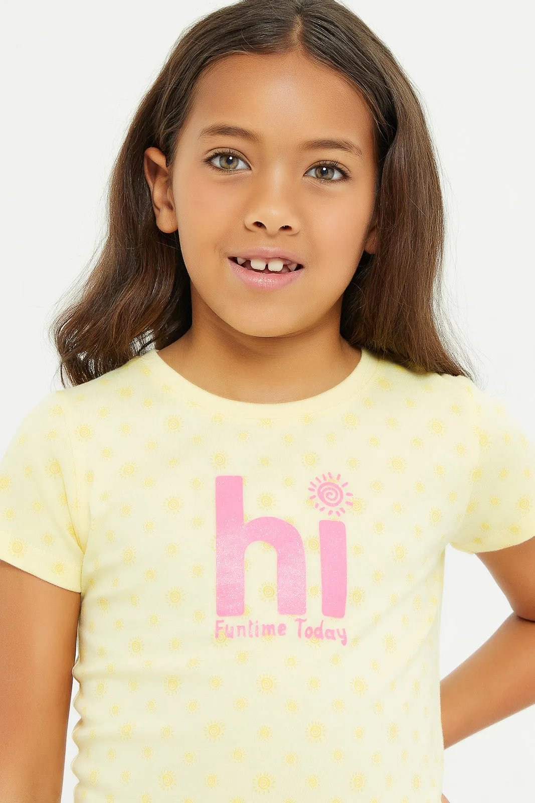 Girls Yellow Hi Funtime Today Print T-Shirt