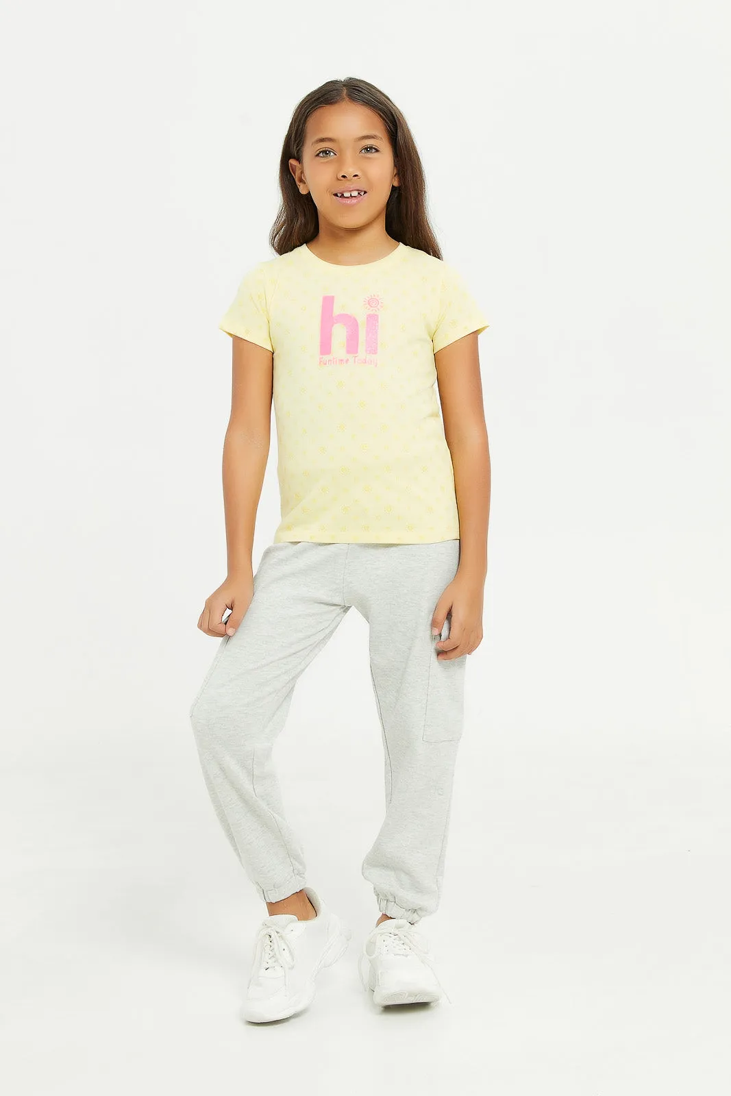 Girls Yellow Hi Funtime Today Print T-Shirt