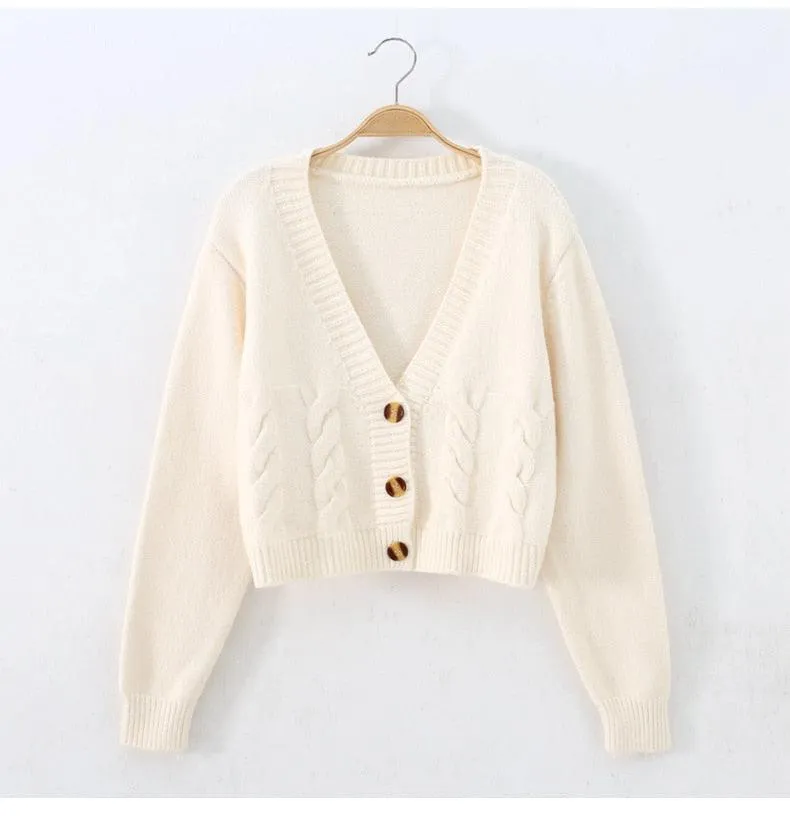 Great Women Cardigans Spring Short Cropped Cardigans - Button Up V neck Twisted Knitted White Cardigan Sueter Feminino (TP4)(TB8C)(1U23)