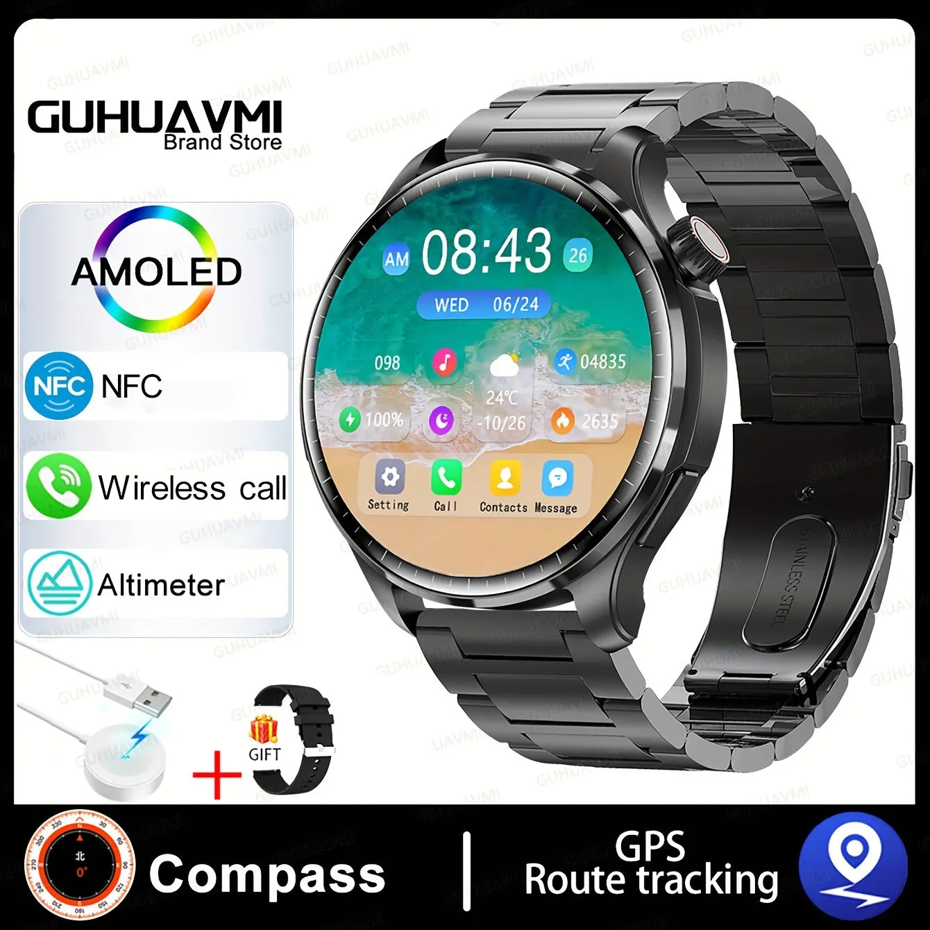 GUHUAVMI 2024 New Men's Sports Smart Watch GPS Track NFC Voice Assistant Wireless Call Smart Watch 1.53-inch AMOLED 360 * 360 HD Screen Watch GT4