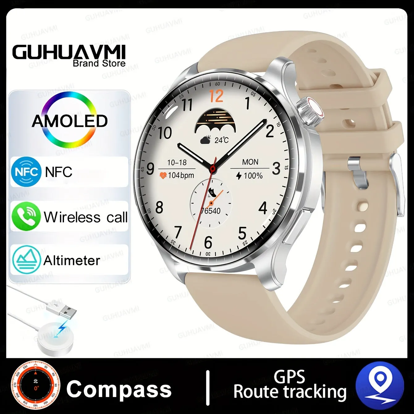 GUHUAVMI 2024 New Men's Sports Smart Watch GPS Track NFC Voice Assistant Wireless Call Smart Watch 1.53-inch AMOLED 360 * 360 HD Screen Watch GT4