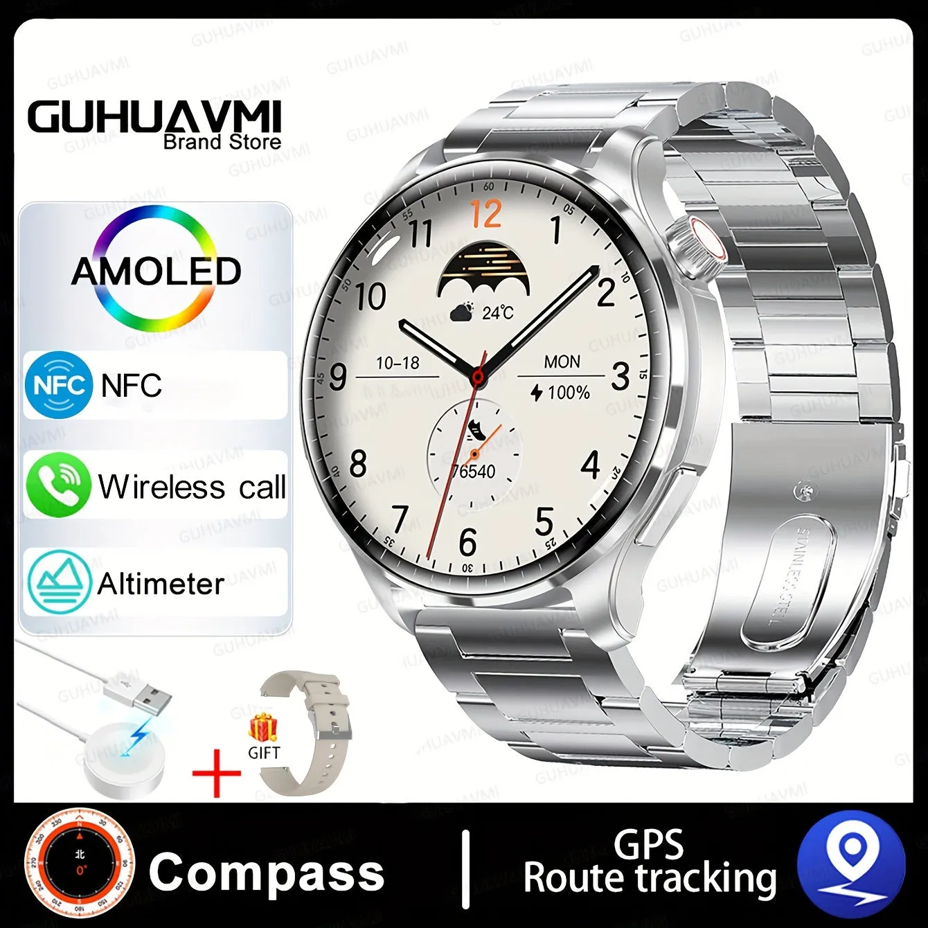 GUHUAVMI 2024 New Men's Sports Smart Watch GPS Track NFC Voice Assistant Wireless Call Smart Watch 1.53-inch AMOLED 360 * 360 HD Screen Watch GT4