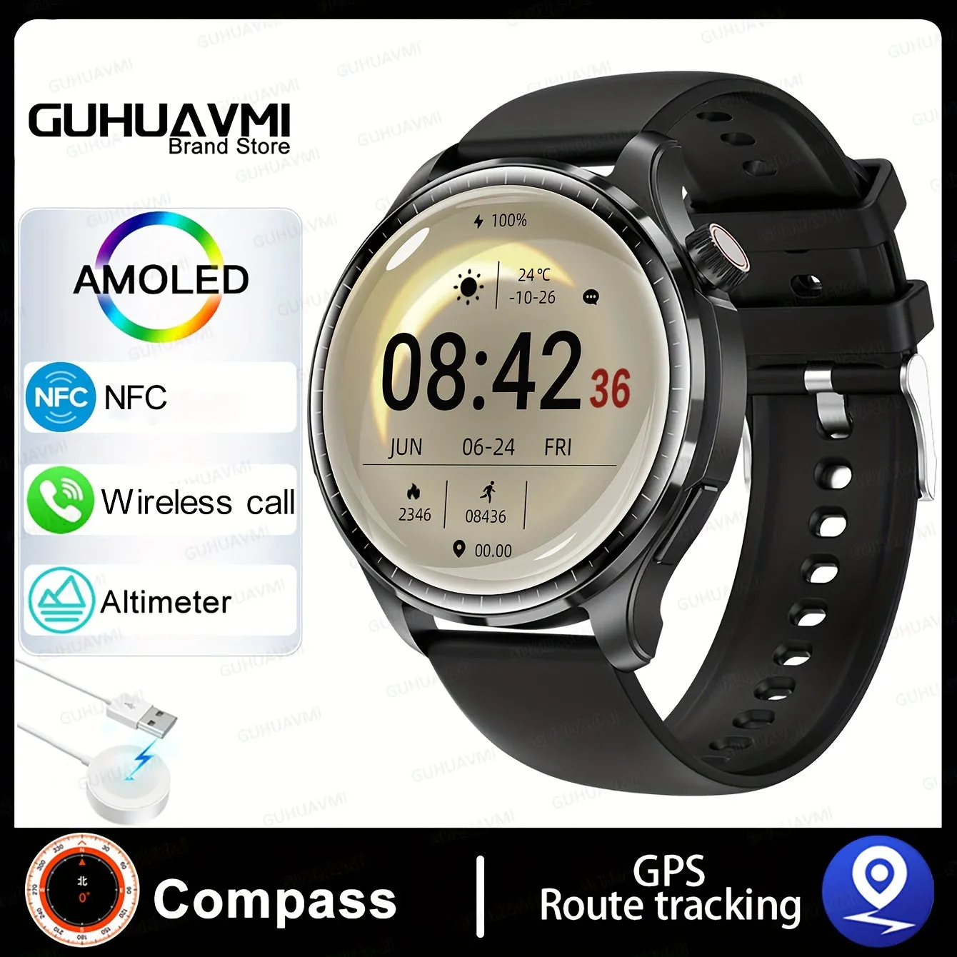 GUHUAVMI 2024 New Men's Sports Smart Watch GPS Track NFC Voice Assistant Wireless Call Smart Watch 1.53-inch AMOLED 360 * 360 HD Screen Watch GT4